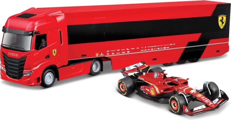Bburago αγωνιστικός τράκτορας Ferrari Iveco με ρυμουλκούμενο και F1 Ferrari SF-24 2024 (Charles Leclerc) 1:43
