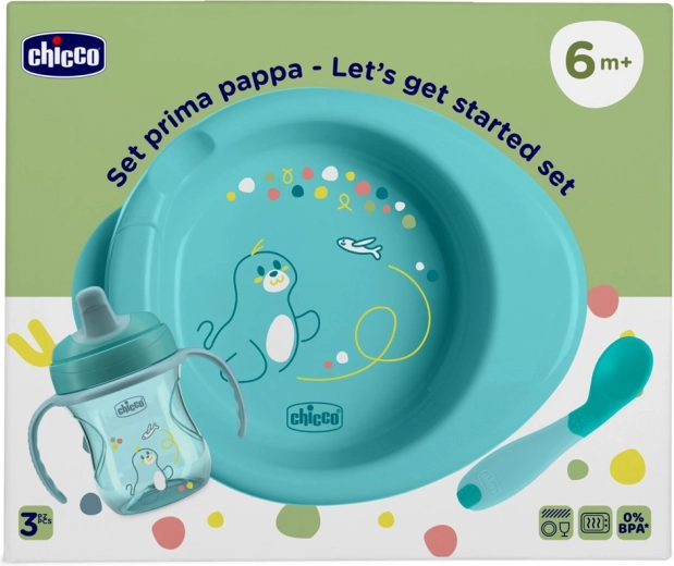 Chicco σετ εκκίνησης για τάισμα – πιάτο, εκπαιδευτικό κύπελλο και κουταλάκι μπλε 6m+