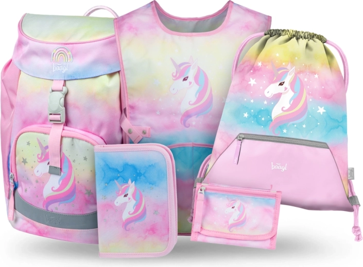Σετ Baagl 5 Airy Rainbow Unicorn – σχολικό σακίδιο, κασετίνα, σακουλάκι, ποδιά και πορτοφόλι