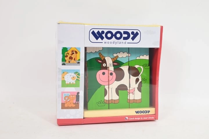 WOODY Ξύλινος κύβος με κορδόνια και ζωάκια, 9 κύβοι