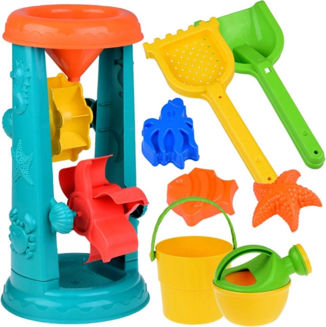 Μεγάλο σετ παιχνιδιών άμμου με κουβαδάκι, τσουγκράνα και υδροτροχό