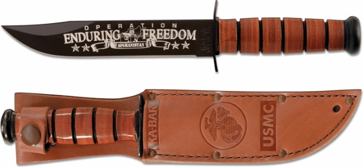 Επετειακό στρατιωτικό μαχαίρι Ka-Bar U.S.M.C. OEF Afghanistan 17,8 cm, μαύρο, δερμάτινη λαβή, δερμάτινη θήκη