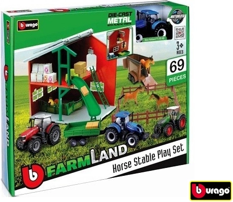Bburago Farmland σετ παιχνιδιού στάβλος με άλογα και τρακτέρ assort - 1 τεμάχιο