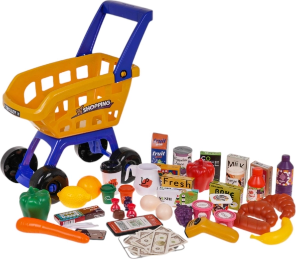 Μεγάλο καρότσι αγορών και σωρός τροφίμων