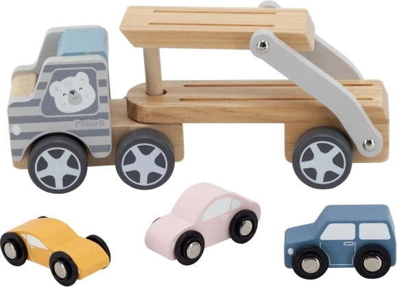 Τρία πολύχρωμα ξύλινα αυτοκινητάκια στη συσκευασία